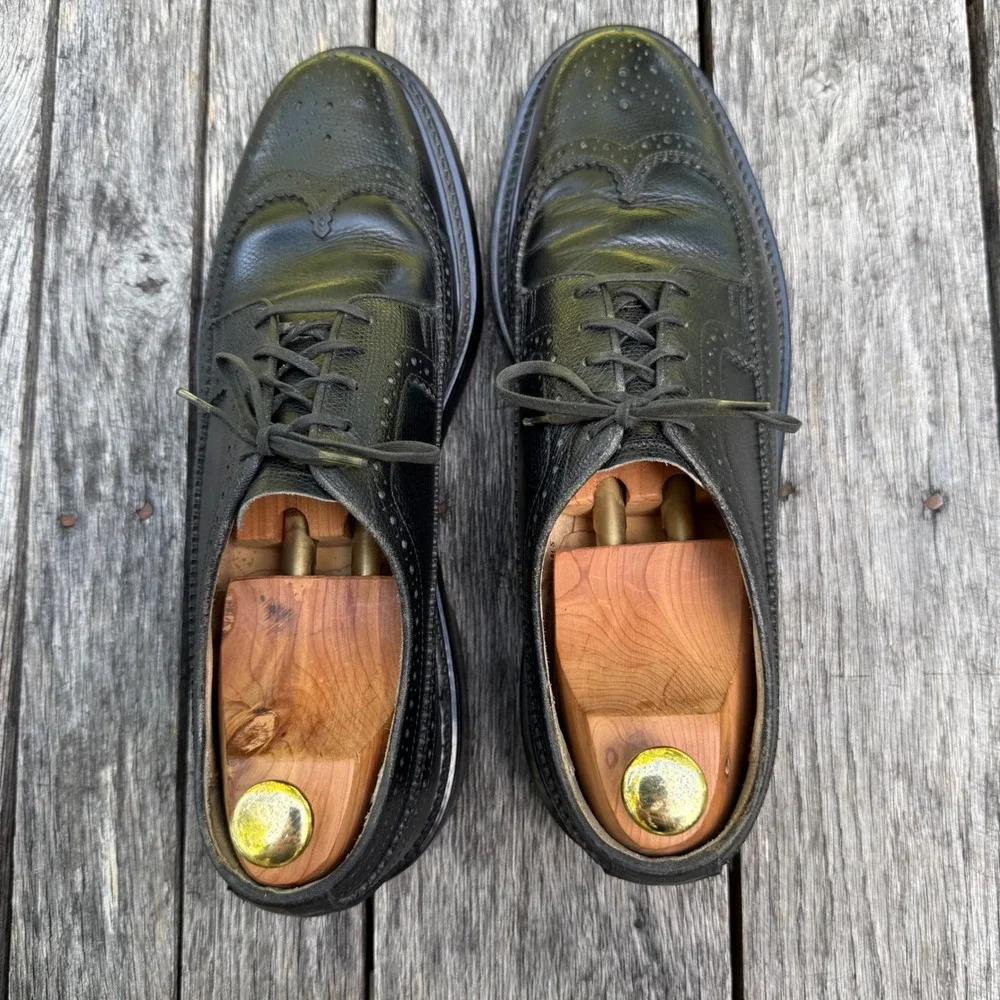VTG Sears Mens Black Leather Longwing Brogue Derby Shoes 11 D 74608-672 Wingtip